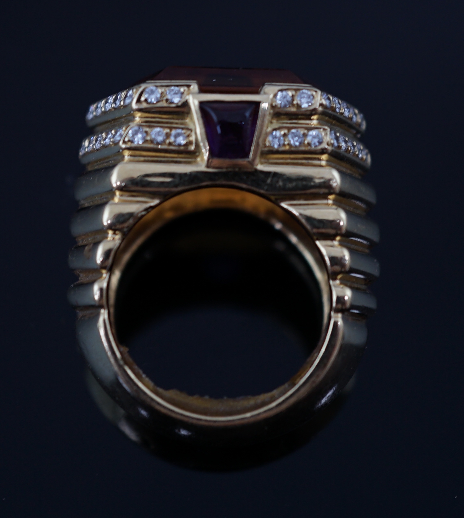 A late 20th century French 18ct gold and single stone hexagonal cut citrine set dress ring